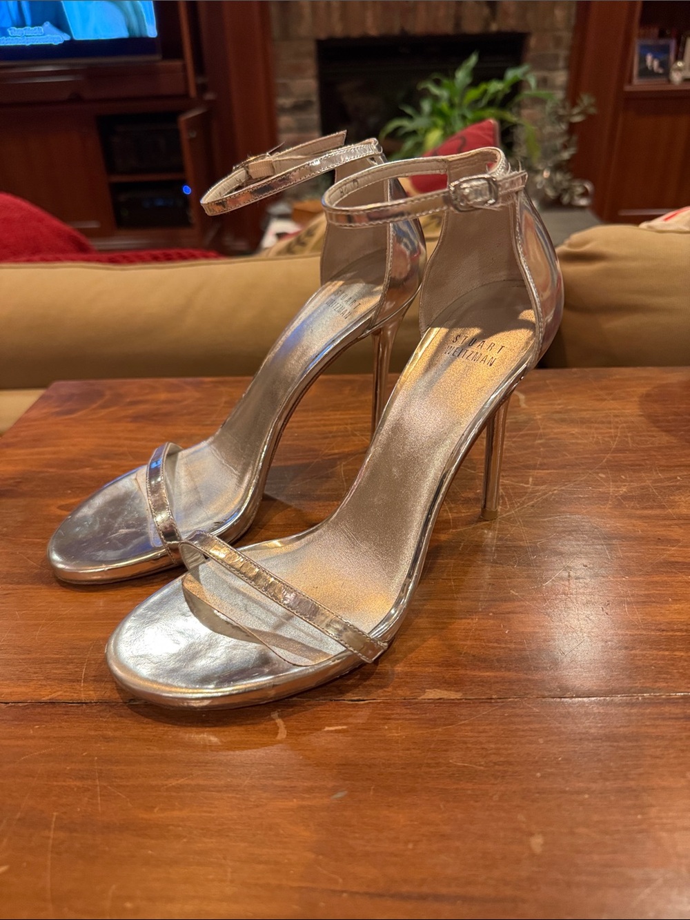 Stuart Weitzman Silver Vero Cucio Metallic Open Toe Heel Strap 8 1/2 Wedding EXC